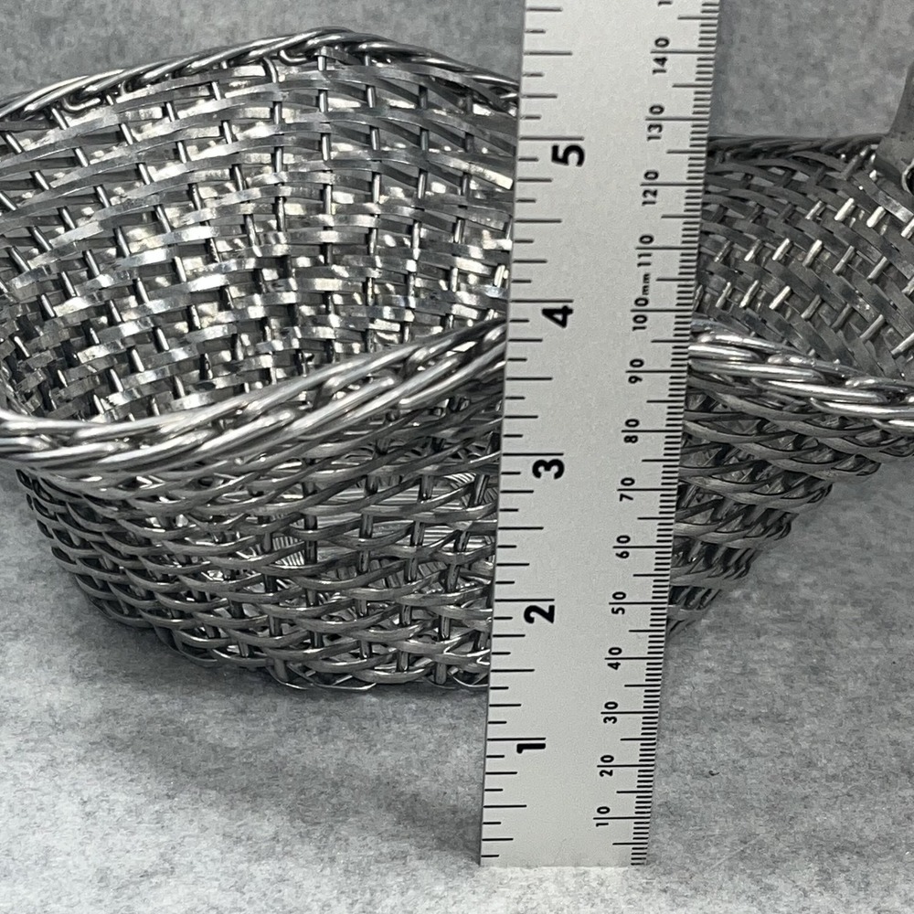 VTG Silver Tone Metal Woven Wire Basket With Fold Down Handle Decor Centerpiece - Picture 13 of 14